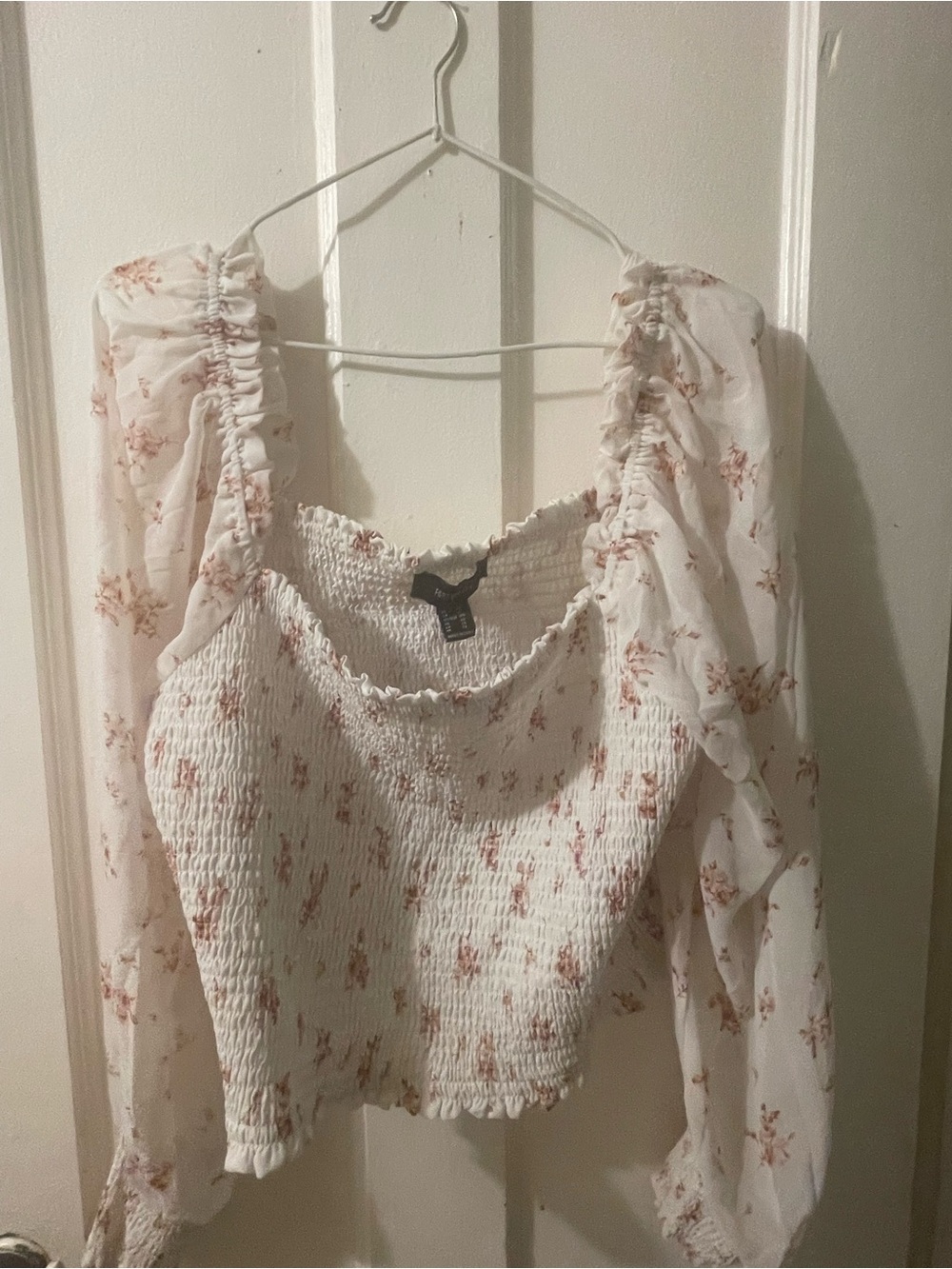 Forever 21 White Smocked Crop Top with Pink Floral Puff Sleeves